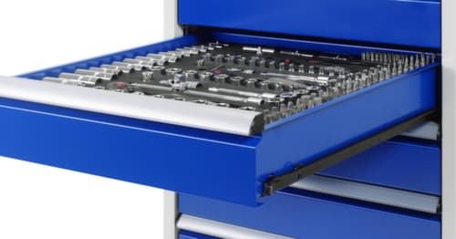 RAU Höhenverstellbare Werkbank Serie 7000, 3 Schubladen, RAL7035 Lichtgrau/RAL5010 Enzianblau