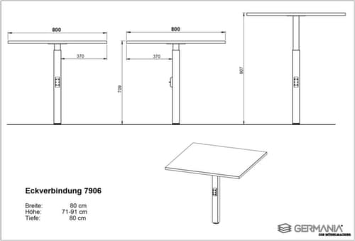 Eckiges Verkettungselement GW-MAILAND 7906 mit Stützfuß, Breite x Tiefe 800 x 800 mm, Platte lichtgrau
